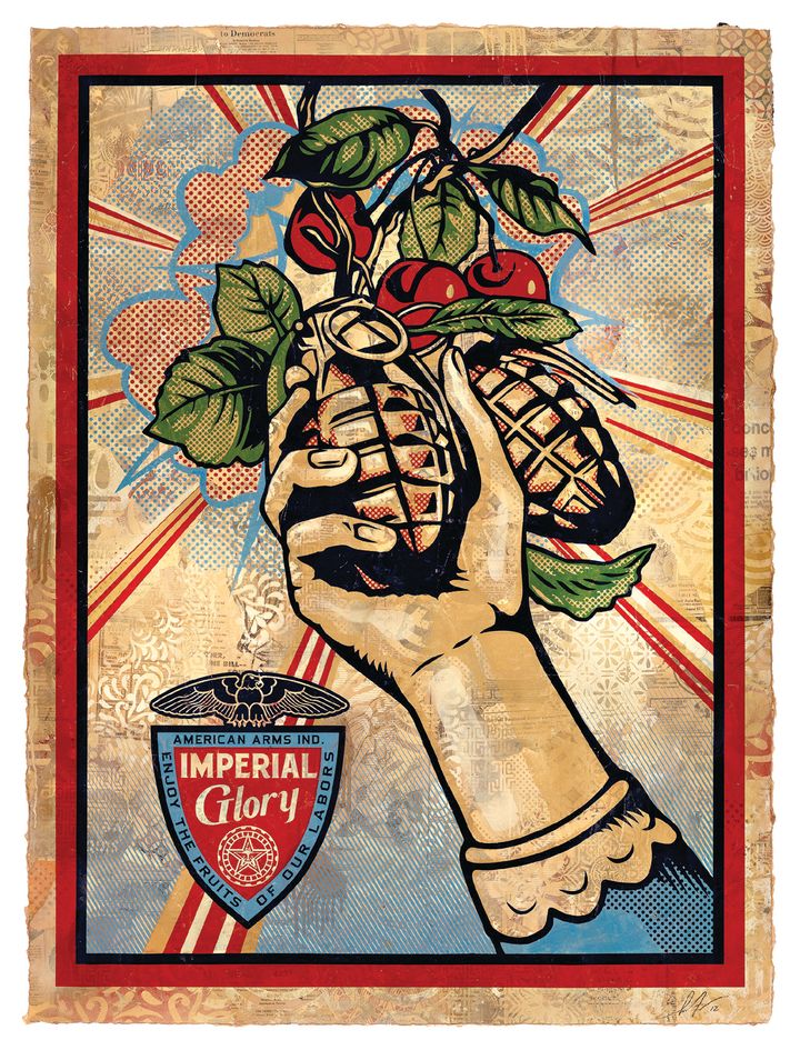 <p><em>Imperial Glory</em>, 2012, Hand-painted multiple (HPM) silkscreen and mixed media on paper, 57 x 43 ½ in. Courtesy Obey Giant Art. </p>