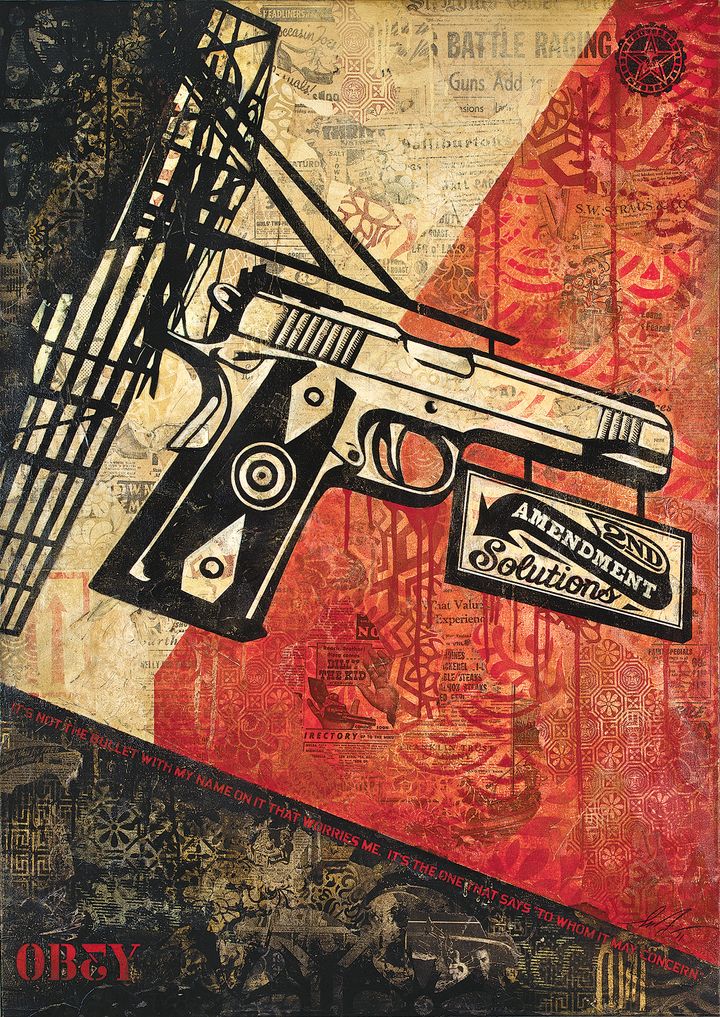 From the book, COVERT TO OVERT: 2nd Amendment Solutions, 2011, Mixed media on canvas, 42 x 30 in. Courtesy Obey Giant Art. 