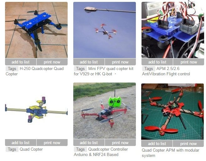 Screen capture showing some of the more than 2000 free and open source 3-D printable quad copter designs.