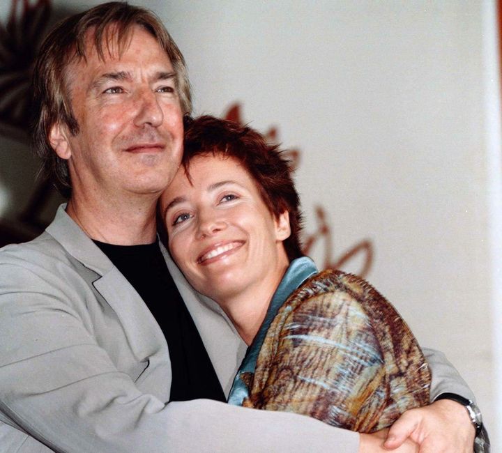 Alan Rickman and Emma Thompson embrace at the Venice Film Festival in 1997.