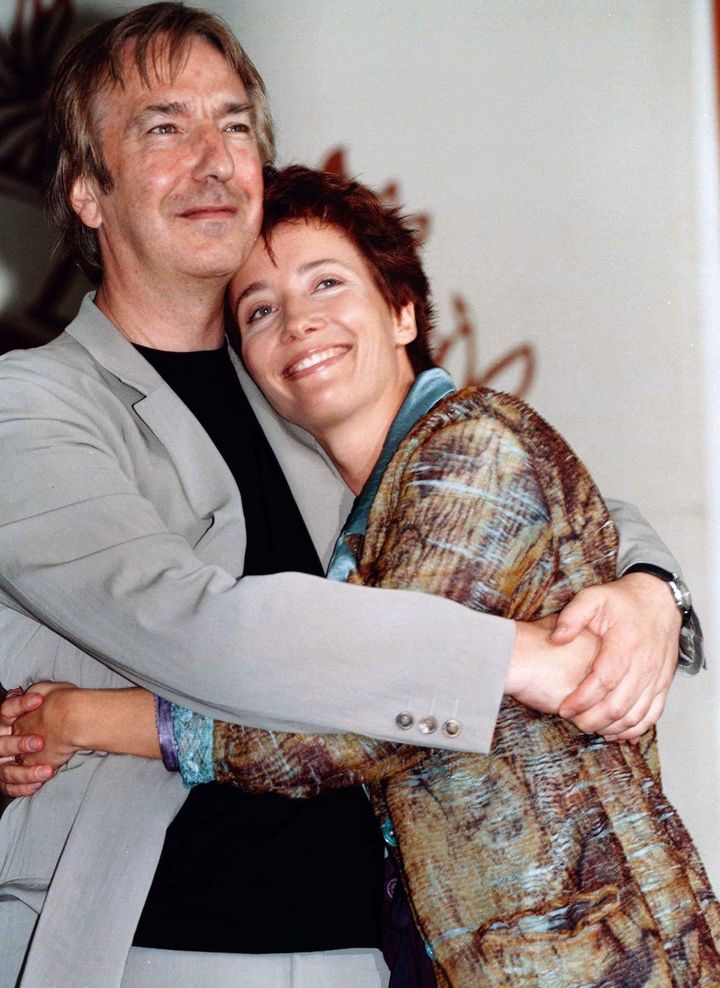 Alan Rickman and Emma Thompson embrace at the Venice Film Festival in 1997.