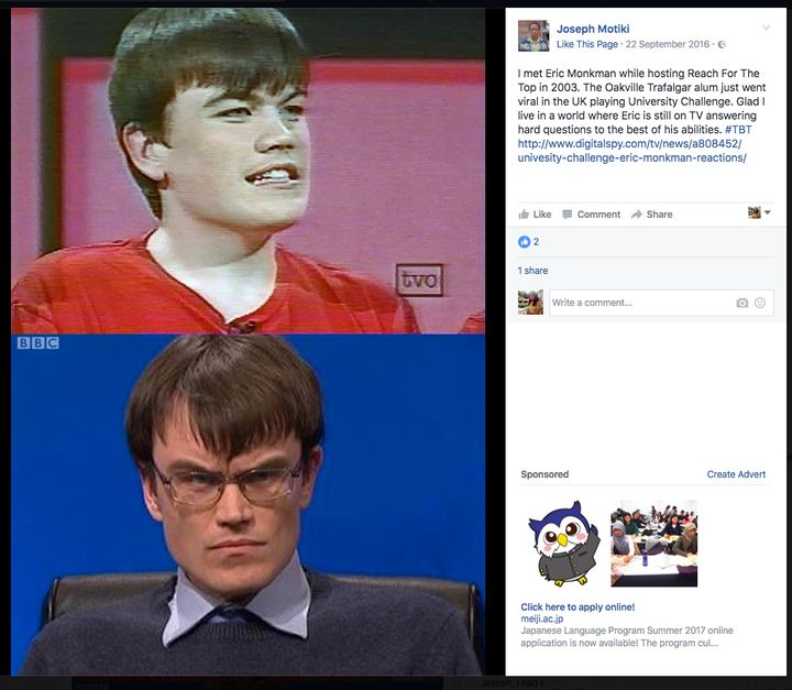 Canadian quiz show host Joseph Motiki shared his support for Monkman over Facebook. Monkman had appeared on the quiz show Reach For The Top 14 years earlier
