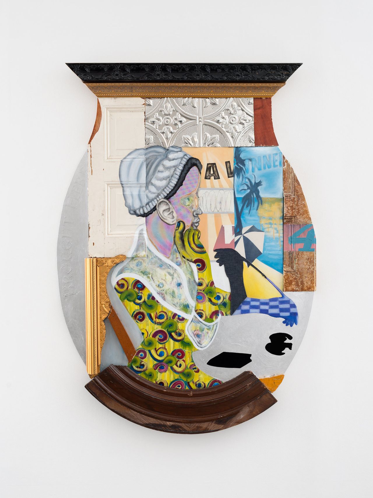 David Shrobe, "Ear to the Streets," 2017, oil, graphite, spray paint, wood, frame moldings, silver leaf, and mixed media, 67 x 48 x 2 inches