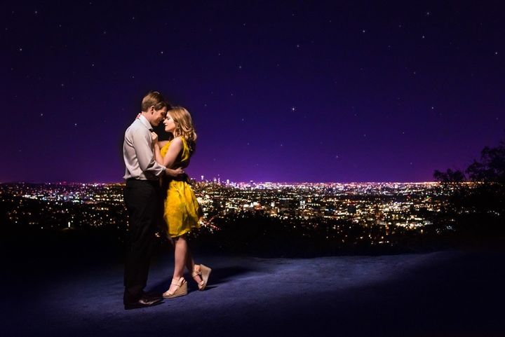 The couple channeled "La La Land's" Mia and Sebastian during the engagement shoot. 