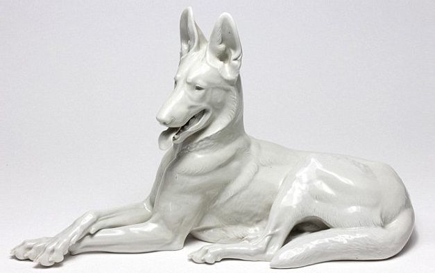 This porcelain dog, also recovered from Hitler's bunker, was allegedly made by prisoners at Dachau.