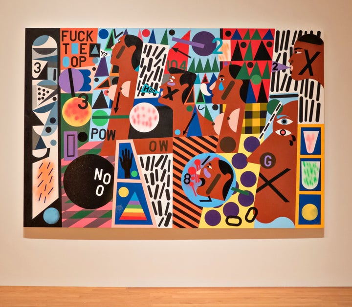 <p>Untitled (FUCK T*E *OP), 2014 is a densely layered acrylic on canvas piece where Abney confronts the systemic gun violence and police brutality that disproportionately affect African-Americans. </p>