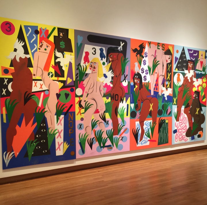 <p>The monumental four-canvas piece “Catfish” 2017 combines many of the techniques that Abney has been mastering for the past 10 years: a digitally-printed ultrachrome pigmented print, acrylic and spray paint. </p>