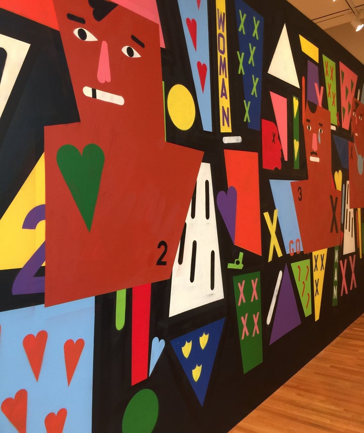 <p>The in-situ 30-feet mural took Abney three days to paint and it is the first and last work that the visitors to the show get to see. It represents and embodies many of the concepts and formal elements that the artist is currently exploring: gender, race, female empowerment, guns and language on a completely abstract background layered with geometric figures. </p>