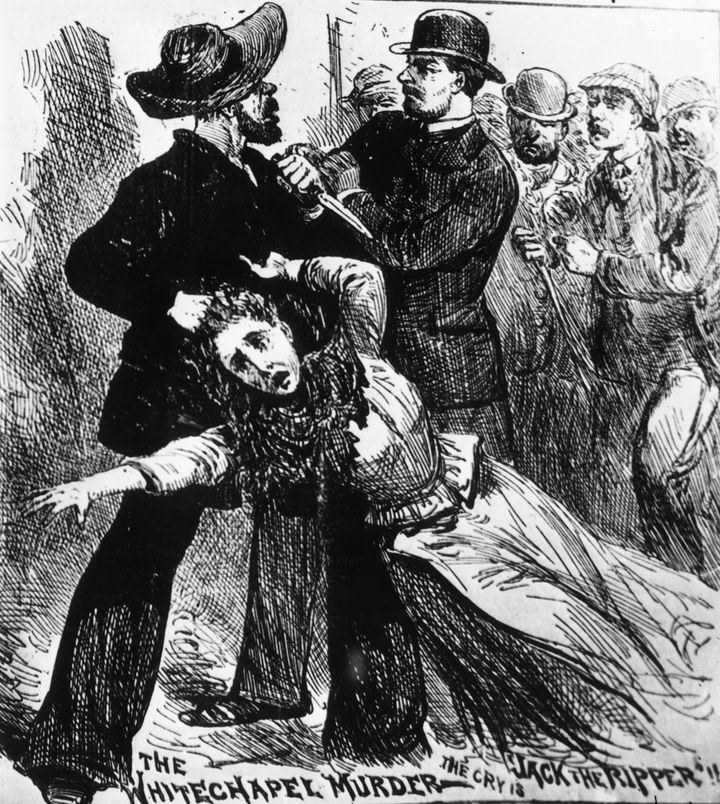 A fanciful engraving of Jack the Ripper being caught red-handed 
