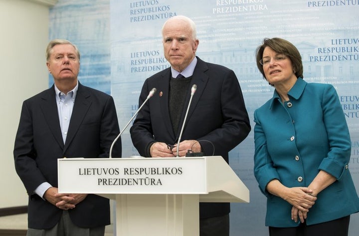 <p>Senators Lindsey Graham, John McCain and Amy Klobuchar (D-Minnesota), in Lithuania, <a href="https://apnews.com/0b12a44f85e549b3a3a505cec64cbb47" target="_blank" role="link" rel="nofollow" class=" js-entry-link cet-external-link" data-vars-item-name="calling for more sanctions on Russia " data-vars-item-type="text" data-vars-unit-name="58ac36efe4b03250fc905f02" data-vars-unit-type="buzz_body" data-vars-target-content-id="https://apnews.com/0b12a44f85e549b3a3a505cec64cbb47" data-vars-target-content-type="url" data-vars-type="web_external_link" data-vars-subunit-name="article_body" data-vars-subunit-type="component" data-vars-position-in-subunit="0">calling for more sanctions on Russia </a></p>