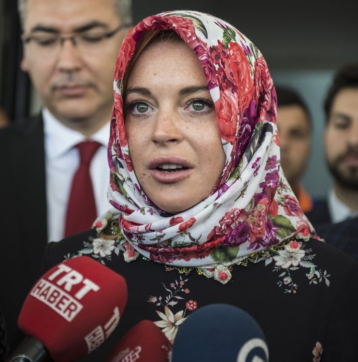 Lindsay Lohan speaks with press after visiting Syrian refugees in Turkey. 