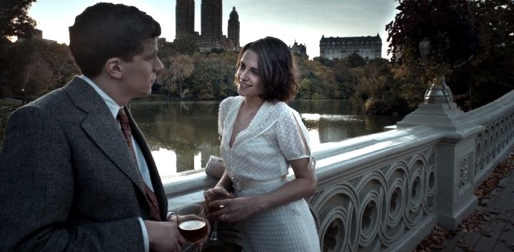 Jesse Eisenberg and Kristen Stewart find a romantic moment in the Romantic landscape of Central Park in Cafe Society 