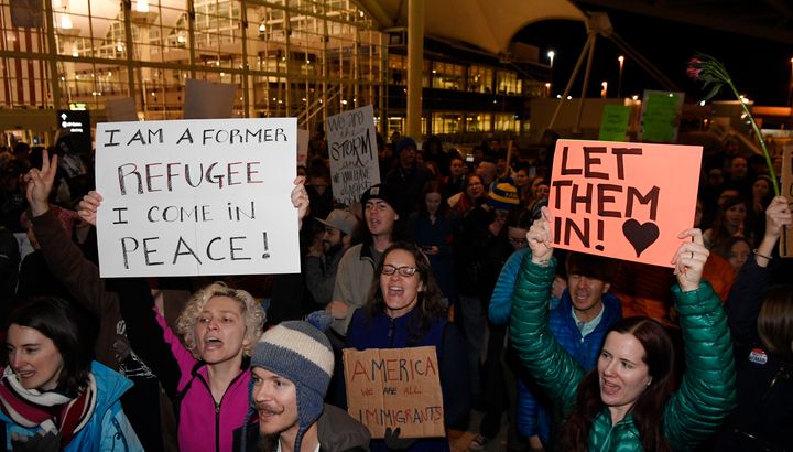 Protesters showed up at Denver International Airport on Jan. 28, to protest President Donald Trump's ban on refugees and travelers from a number of predominantly Muslim countries.