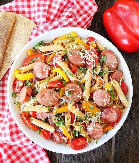 Red pepper and spicy sausage pasta.