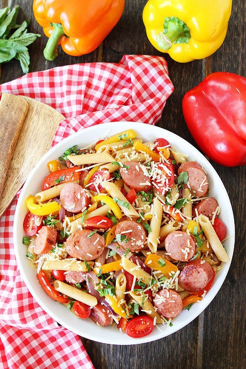 Red pepper and spicy sausage pasta.