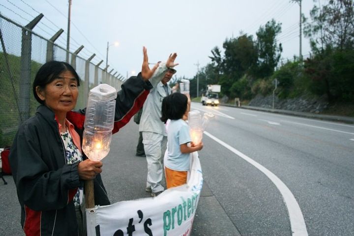Etsuko Urashima, 68, protests against the relocation of a U.S. Marine Corps base to the northern part of Okinawa island in Japan.