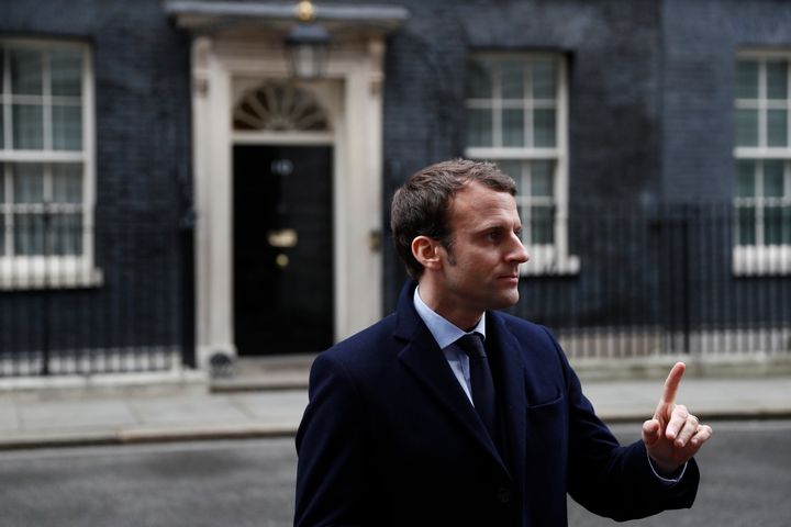 Emmanuel Macron, candidate in France's 2017 French presidential speaks to media outside 10 Downing Street.