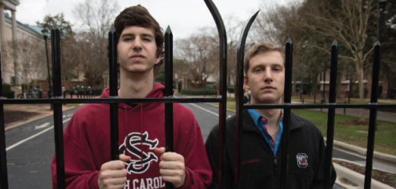 Then-students Michael Kriete and Ross Abbott on the University of South Carolina campus. Abbott is a plaintiff in the case, and Kriete was president of USC’s chapter of Young Americans for Liberty, one of two student organizations also named as plaintiffs. 