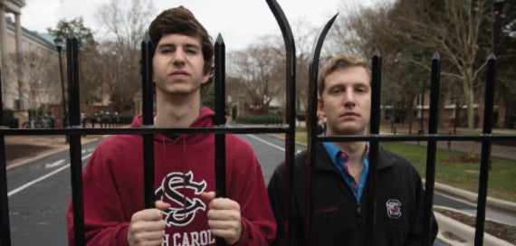 <p>Then-students Michael Kriete and Ross Abbott on the University of South Carolina campus. Abbott is a plaintiff in the case, and Kriete was president of USC’s chapter of Young Americans for Liberty, one of two student organizations also named as plaintiffs. </p>