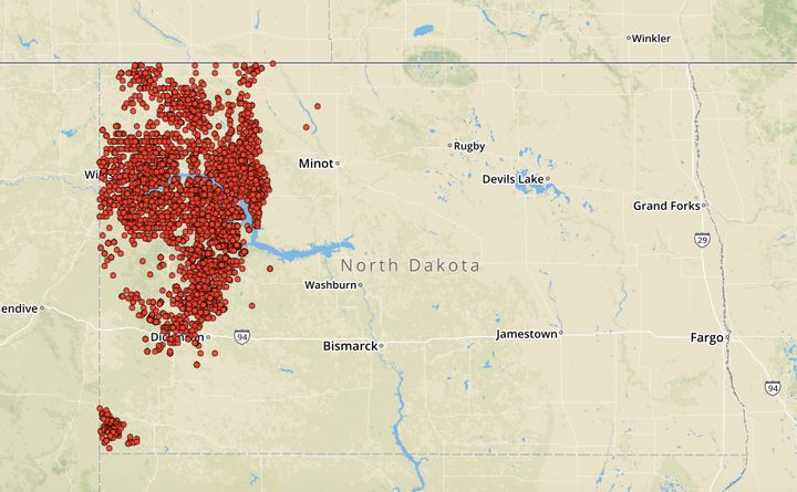 A screen grab from the Science Nature and People Partnership's data visualization tool illustrates the more than 4,450 fracking spills in North Dakota between 2005 and 2014.