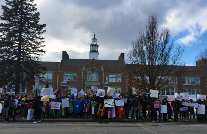 Several hundred students gathered after school on a recent Friday outside Deering High School in a rally in support of Casco Bay High students they called a Stand of Solidarity.