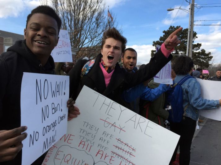 Portland’s Deering High School students rally in a “Stand of Solidarity” in support of immigrants and Casco Bay High School students after a man was charged with a hate crime near Casco Bay High.