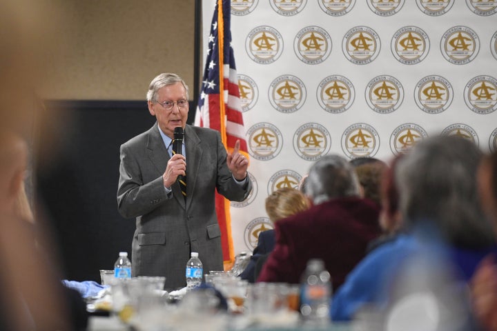 Senate Majority Leader Mitch McConnell speaks to the crowd at the Anderson County Chamber of Commerce luncheon in Lawrenceburg, Kentucky, on Feb. 21.