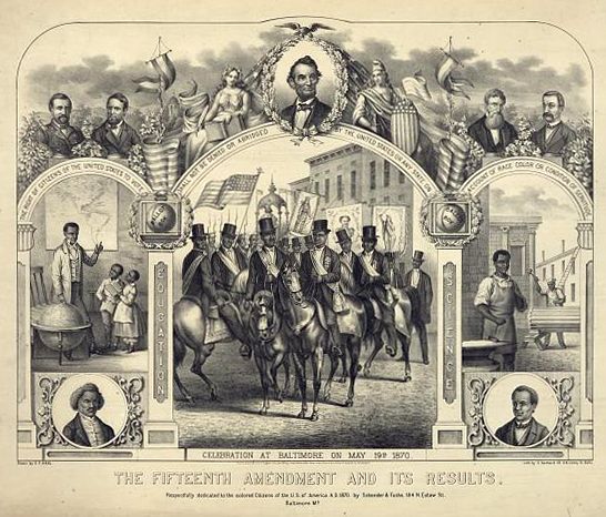 A print commemorating the Fifteenth Amendment featuring Black people’s advancement.