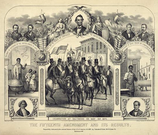 A print commemorating the Fifteenth Amendment featuring Black people’s advancement.