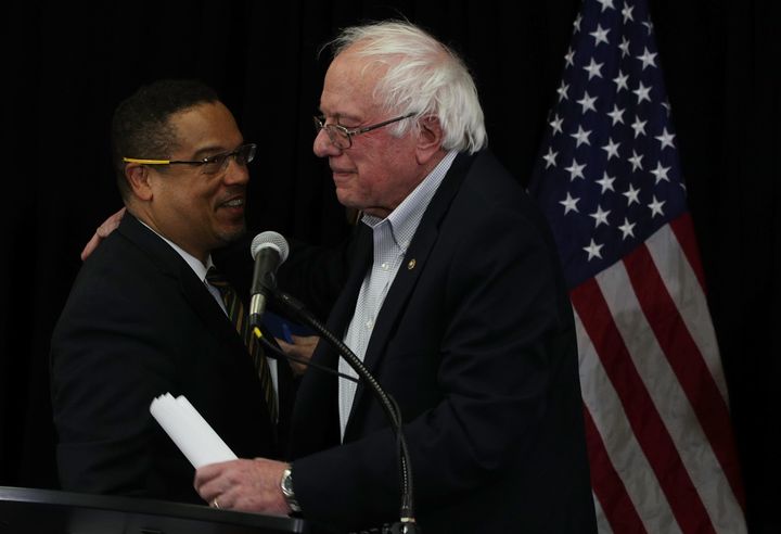 Rep. Keith Ellison (D-Minn.), left, and Sen. Bernie Sanders (I-Vt.) embrace during an event at the headquarters of American Federation of Teachers on Dec. 14, 2016.