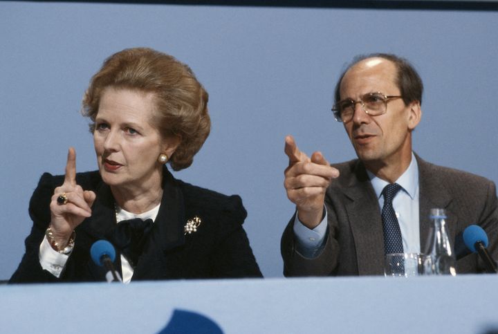 Norman Tebbit, ex-Conservative Party Chairman, with Margaret Thatcher as the pair campaign during the General Election of 1987