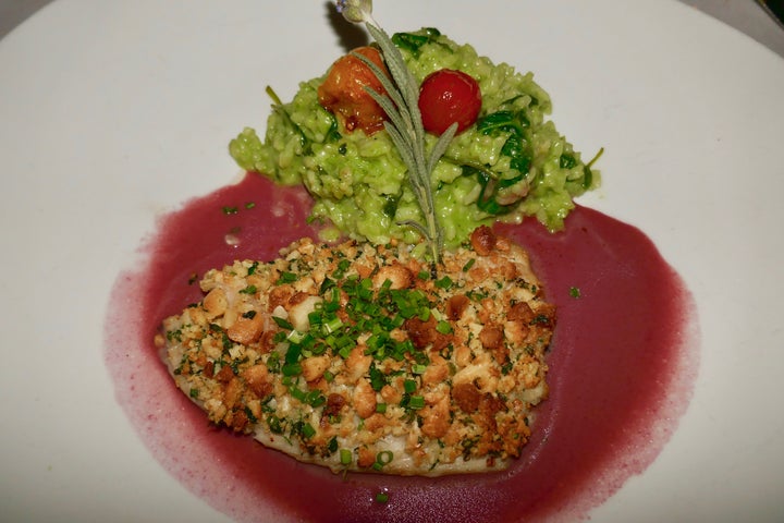 <p>Macadamia-Crusted Snapper with Spinach Risotto </p>