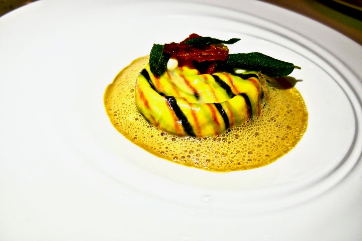 Chef Brad Kilgore serves a tasty and visually pleasing Veal Raviolo “Saltimbocca” appetizer