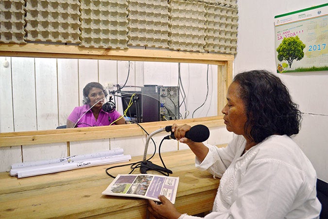 <p><em>Communicadoras</em>, who are women’s human rights defenders, record programming for the radio programme “Voices of the Women of Wangki Tangni”, a UN Trust Fund–supported programme. Photo: UN Trust Fund/Mildred García.</p>