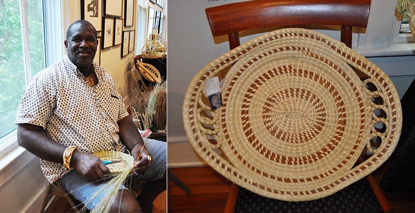 Michael Smalls, a descendant of the Gullah people, demonstrates the art of weaving baskets from native sea grass at the Coast