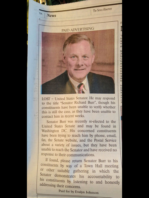 A lost ad for Sen. Richard Burr (R-N.C.) in North Carolina's News & Observer.