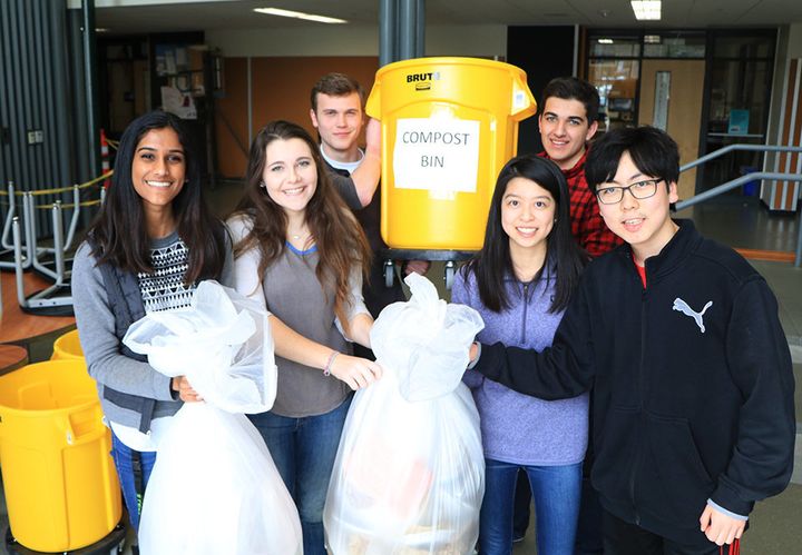 Students from Tesla STEM High School in Redmond, Washington, organized a composting program to help reduce the school's greenhouse gas emissions. Pictured from left to right in the front row are Yogitha Sunkara, Bryn Allesina-Mcgrory, Anne Lee and Fred Qin, and in the second row are Thomas Dulski (left) and Isaac Perrin.