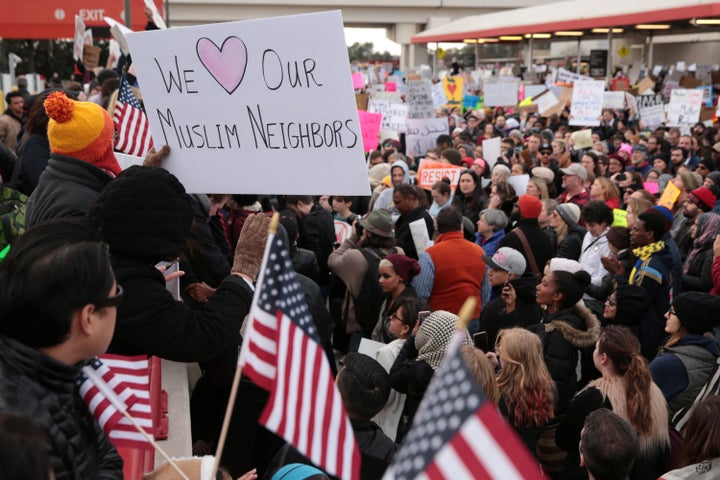 Thousands of people attend an anti-Trump travel ban protest outside Hatfield-Jackson Atlanta International Airport in Atlanta, Georgia, on Jan. 29.