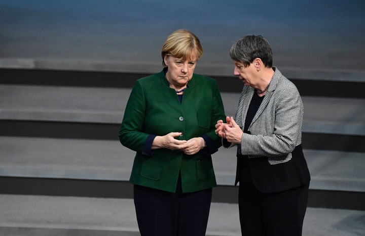 German Environment Minister Barbara Hendricks (right) talks with German Chancellor Angela Merkel (left). Hendrick's party, the Social Democrats (SPD), are challenging Merkel’s Christian Democrats (CDU) in the upcoming election.