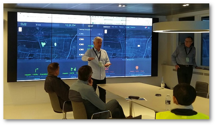 The connected digital platform for cities developed by CISCO and TDC, the Danish phone company, reflects the status of local lighting, parking, air quality, and waste management systems at the Denmark Outdoor Lighting Laboratory in Copenhagen 