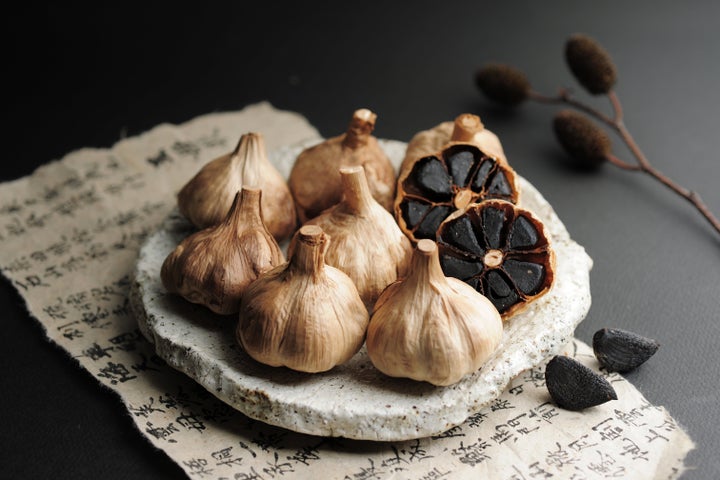 A plate of black garlic.