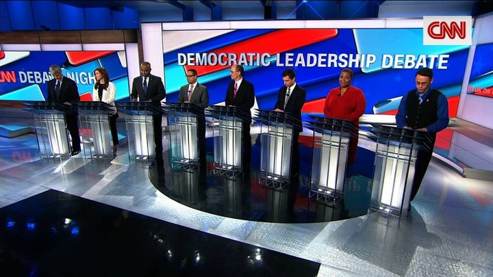 The eight candidates running for chair of the Democratic National Committee, as seen on CNN’s “Democratic Leadership Debate” Wednesday, Feb. 22, 2017.