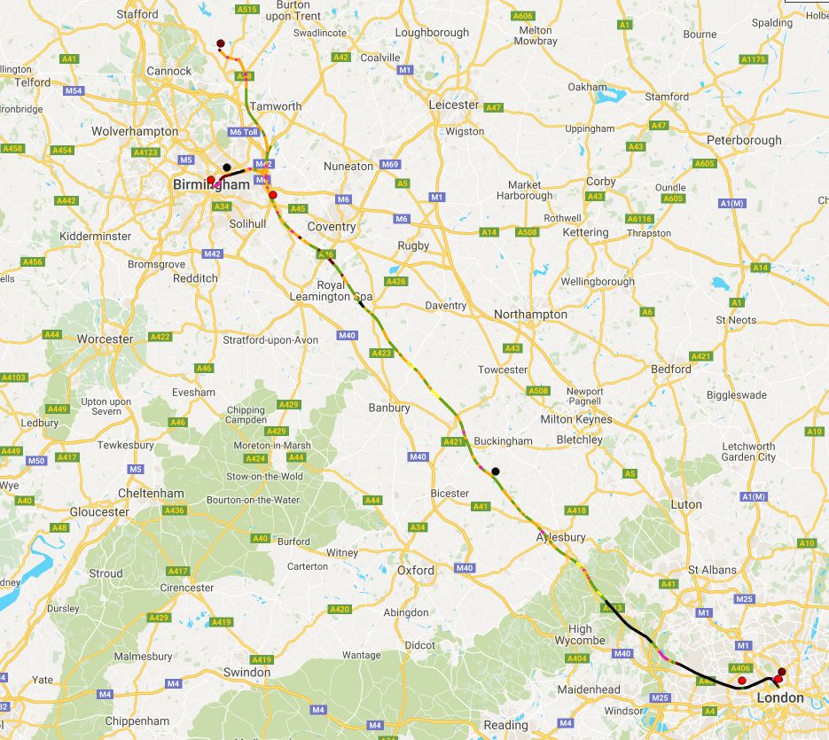 The phase one route stretching from London to Birmingham