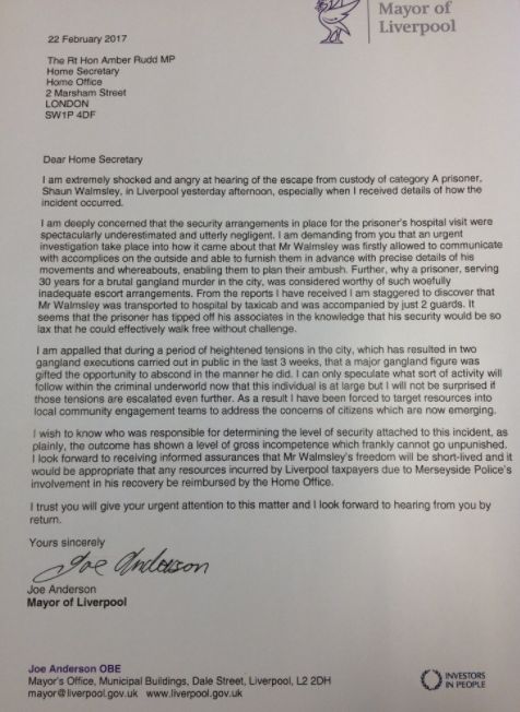 Joe Anderson's letter to Home Secretary Amber Rudd.