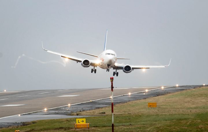 A plane comes in to land at Leeds Bradford Airport.