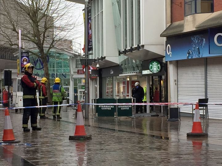 The scene in Wolverhampton city centre after a woman died when she was hit by a piece of roof.