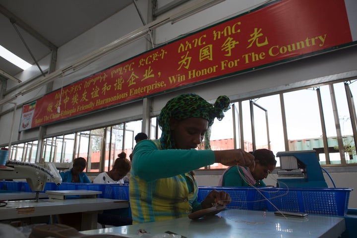 Ethiopian workers inside the Huajian shoe factory on the outskirts of Addis Ababa. Many Chinese companies including Huajian, which has made shoes for Ivanka Trump's line, have moved to Africa, where labor is much cheaper.