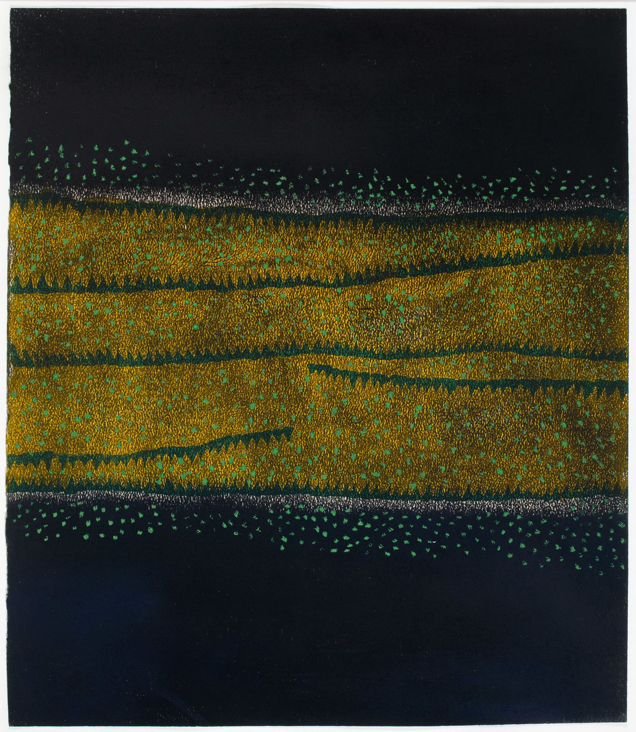 Yayoi Kusama, "The Hill," 1953. Gouache, pastel, oil paint, and wax on paper. 14 3/8 x 12 3/8 in.