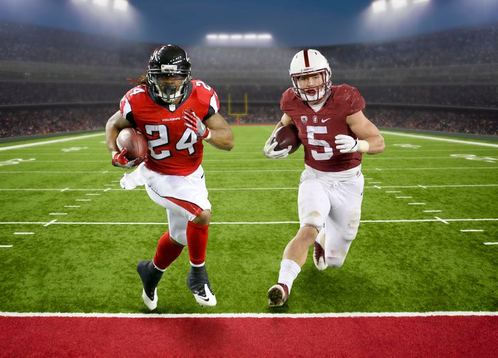 Former Stanford running back Christian McCaffrey (right) possesses many of the same qualities as Falcons' two-time Pro Bowl running back Devonta Freeman: Versatility, quickness and the ability to catch the football.