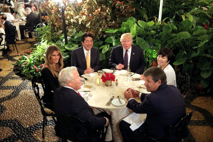 Donald Trump and his wife, Melania, with Japanese Prime Minister Shinzo Abe and his wife, Akie, at a dining room of Trump's Mar-a-Lago resort on Feb. 10.